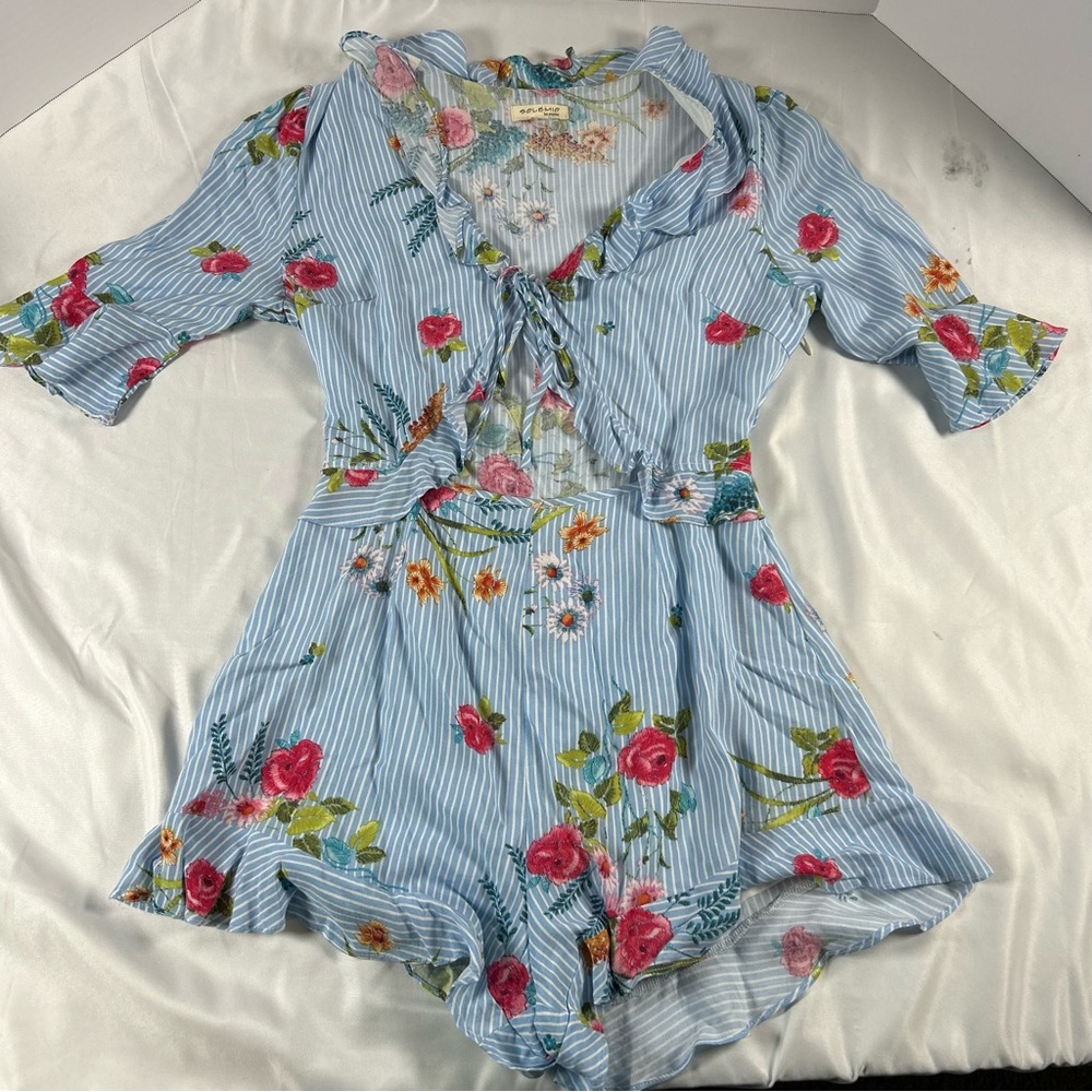 Solemio Los Angeles Women’s Light Blue Striped Floral Jumper,Open front Small